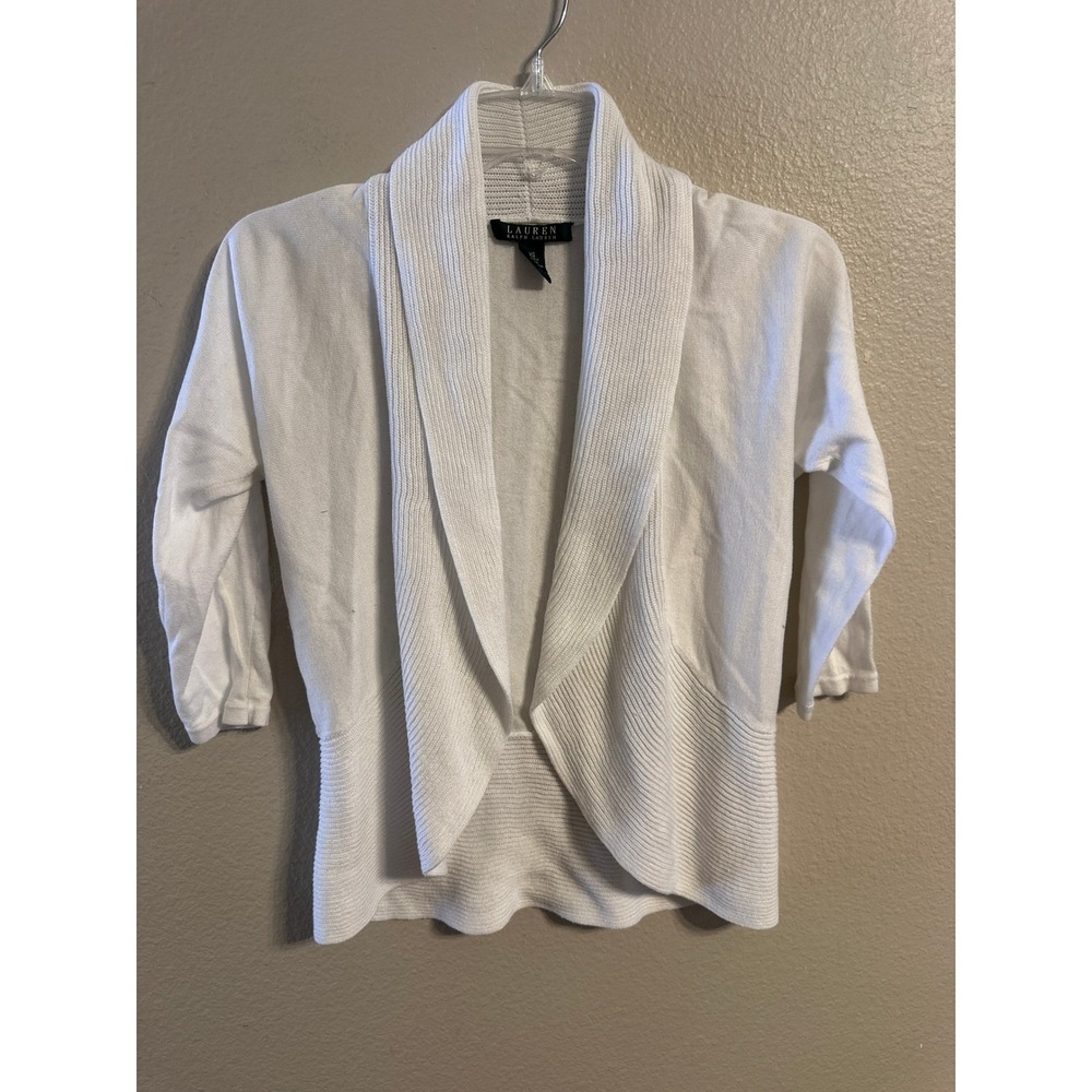 Lauren Ralph Lauren‎ White Cotton Blend Knit Shawl Collar Cardigan Sweater XS